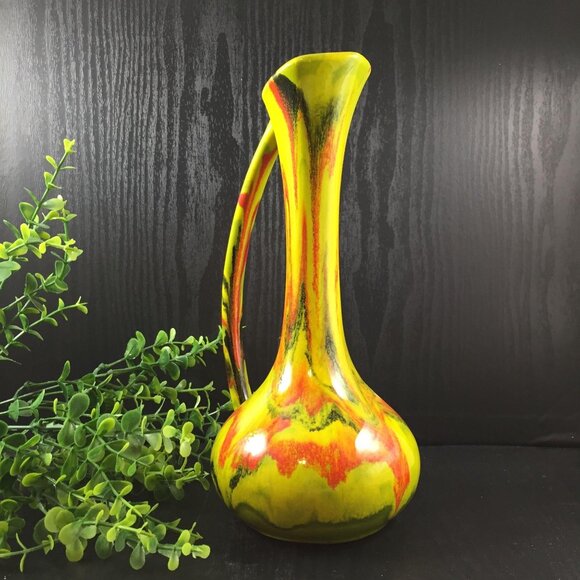 Mod Glazed Pitcher Vase 9.5" tall Retro Colors Lime Orange Black - Picture 4 of 7